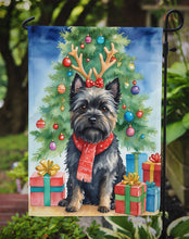 Load image into Gallery viewer, Black Cairn Terrier Christmas Garden Flag – Dog in Reindeer Antlers with Tree &amp; Gifts