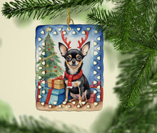 Load image into Gallery viewer, Black and Tan Chihuahua Christmas Reindeer Porcelain Ornament