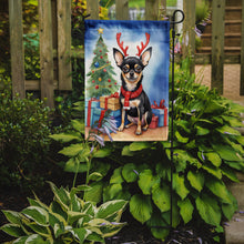 Load image into Gallery viewer, Black and Tan Chihuahua Christmas Garden Flag – Dog in Reindeer Antlers with Tree &amp; Gifts