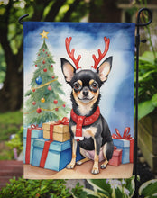 Load image into Gallery viewer, Black and Tan Chihuahua Christmas Garden Flag – Dog in Reindeer Antlers with Tree &amp; Gifts