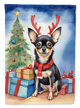 Load image into Gallery viewer, Black and Tan Chihuahua Christmas Garden Flag – Dog in Reindeer Antlers with Tree &amp; Gifts