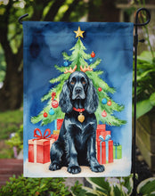Load image into Gallery viewer, Black Cocker Spaniel Christmas Garden Flag – Dog in Reindeer Antlers with Tree &amp; Gifts