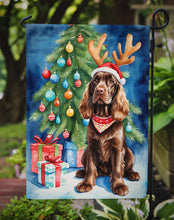 Load image into Gallery viewer, Chocolate Cocker Spaniel Christmas Garden Flag – Dog in Reindeer Antlers with Tree &amp; Gifts