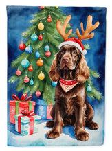 Load image into Gallery viewer, Chocolate Cocker Spaniel Christmas Garden Flag – Dog in Reindeer Antlers with Tree &amp; Gifts