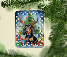 Load image into Gallery viewer, Black and Tan Dachshund Christmas Reindeer Porcelain Ornament
