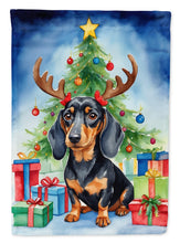 Load image into Gallery viewer, Black and Tan Dachshund Christmas Garden Flag – Dog in Reindeer Antlers with Tree &amp; Gifts