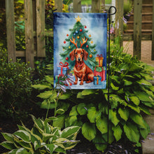 Load image into Gallery viewer, Dachshund Christmas Garden Flag – Dog in Reindeer Antlers with Tree &amp; Gifts