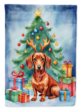 Load image into Gallery viewer, Dachshund Christmas Garden Flag – Dog in Reindeer Antlers with Tree &amp; Gifts