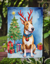 Load image into Gallery viewer, Bull Terrier Christmas Garden Flag – Dog in Reindeer Antlers with Tree &amp; Gifts