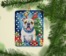 Load image into Gallery viewer, White English Bulldog Christmas Reindeer Porcelain Ornament