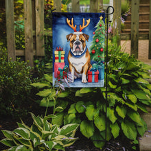 Load image into Gallery viewer, English Bulldog Christmas Garden Flag – Dog in Reindeer Antlers with Tree &amp; Gifts