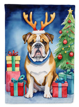 Load image into Gallery viewer, English Bulldog Christmas Garden Flag – Dog in Reindeer Antlers with Tree &amp; Gifts