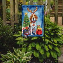 Load image into Gallery viewer, English Foxhound Christmas Garden Flag – Dog in Reindeer Antlers with Tree &amp; Gifts