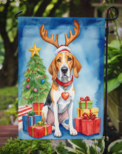 Load image into Gallery viewer, English Foxhound Christmas Garden Flag – Dog in Reindeer Antlers with Tree &amp; Gifts