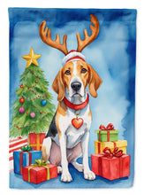 Load image into Gallery viewer, English Foxhound Christmas Garden Flag – Dog in Reindeer Antlers with Tree &amp; Gifts