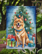 Load image into Gallery viewer, Finnish Spitz Christmas Garden Flag – Dog in Reindeer Antlers with Tree &amp; Gifts