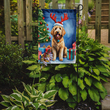 Load image into Gallery viewer, Goldendoodle Christmas Garden Flag – Dog in Reindeer Antlers with Tree &amp; Gifts