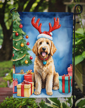 Load image into Gallery viewer, Goldendoodle Christmas Garden Flag – Dog in Reindeer Antlers with Tree &amp; Gifts
