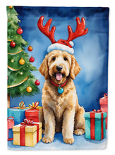 Load image into Gallery viewer, Goldendoodle Christmas Garden Flag – Dog in Reindeer Antlers with Tree &amp; Gifts