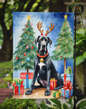 Load image into Gallery viewer, Black Great Dane Christmas Garden Flag – Dog in Reindeer Antlers with Tree &amp; Gifts