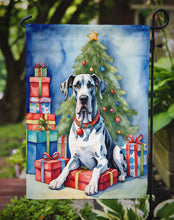 Load image into Gallery viewer, Harlequin Great Dane Christmas Garden Flag – Dog in Reindeer Antlers with Tree &amp; Gifts