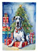 Load image into Gallery viewer, Harlequin Great Dane Christmas Garden Flag – Dog in Reindeer Antlers with Tree &amp; Gifts