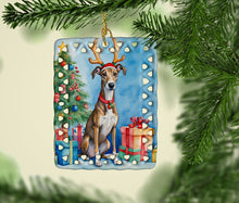 Load image into Gallery viewer, Brindle Greyhound Christmas Reindeer Porcelain Ornament