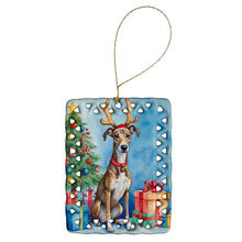 Load image into Gallery viewer, Brindle Greyhound Christmas Reindeer Porcelain Ornament