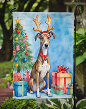 Load image into Gallery viewer, Brindle Greyhound Christmas Garden Flag – Dog in Reindeer Antlers with Tree &amp; Gifts