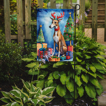 Load image into Gallery viewer, Greyhound Christmas Garden Flag – Dog in Reindeer Antlers with Tree &amp; Gifts