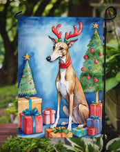Load image into Gallery viewer, Greyhound Christmas Garden Flag – Dog in Reindeer Antlers with Tree &amp; Gifts