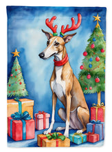 Load image into Gallery viewer, Greyhound Christmas Garden Flag – Dog in Reindeer Antlers with Tree &amp; Gifts