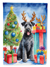 Load image into Gallery viewer, Kerry Blue Terrier Christmas Garden Flag – Dog in Reindeer Antlers with Tree &amp; Gifts