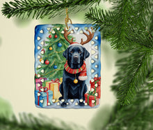 Load image into Gallery viewer, Black Labrador Retriever Christmas Reindeer Porcelain Ornament