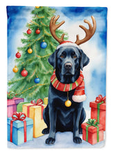 Load image into Gallery viewer, Black Labrador Retriever Christmas Garden Flag – Dog in Reindeer Antlers with Tree &amp; Gifts