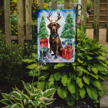 Load image into Gallery viewer, Chocolate Labrador Retriever Christmas Garden Flag – Dog in Reindeer Antlers with Tree &amp; Gifts