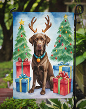 Load image into Gallery viewer, Chocolate Labrador Retriever Christmas Garden Flag – Dog in Reindeer Antlers with Tree &amp; Gifts