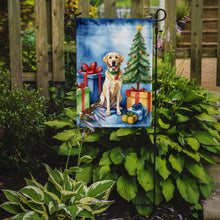 Load image into Gallery viewer, Yellow Labrador Retriever Christmas Garden Flag – Dog in Reindeer Antlers with Tree &amp; Gifts