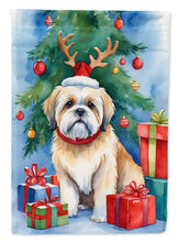 Load image into Gallery viewer, Lhasa Apso Christmas Garden Flag – Dog in Reindeer Antlers with Tree &amp; Gifts