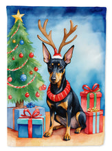 Load image into Gallery viewer, Manchester Terrier Christmas Garden Flag – Dog in Reindeer Antlers with Tree &amp; Gifts
