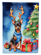 Load image into Gallery viewer, Miniature Pinscher Christmas Garden Flag – Dog in Reindeer Antlers with Tree &amp; Gifts
