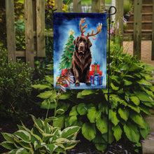 Load image into Gallery viewer, Chocolate Newfoundland Christmas Garden Flag – Dog in Reindeer Antlers with Tree &amp; Gifts