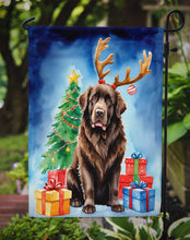Load image into Gallery viewer, Chocolate Newfoundland Christmas Garden Flag – Dog in Reindeer Antlers with Tree &amp; Gifts