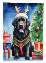 Load image into Gallery viewer, Newfoundland Christmas Garden Flag – Dog in Reindeer Antlers with Tree &amp; Gifts