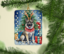 Load image into Gallery viewer, Norwegian Elkhound Christmas Reindeer Porcelain Ornament
