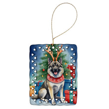 Load image into Gallery viewer, Norwegian Elkhound Christmas Reindeer Porcelain Ornament