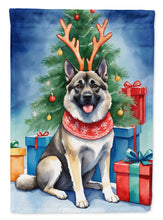 Load image into Gallery viewer, Norwegian Elkhound Christmas Garden Flag – Dog in Reindeer Antlers with Tree &amp; Gifts