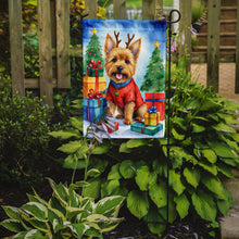Load image into Gallery viewer, Norwich Terrier Christmas Garden Flag – Dog in Reindeer Antlers with Tree &amp; Gifts