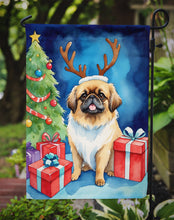 Load image into Gallery viewer, Pekingese Christmas Garden Flag – Dog in Reindeer Antlers with Tree &amp; Gifts
