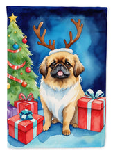 Load image into Gallery viewer, Pekingese Christmas Garden Flag – Dog in Reindeer Antlers with Tree &amp; Gifts